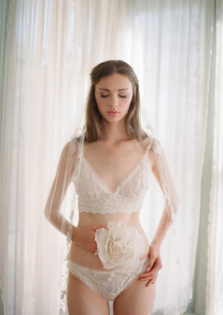 A female model stands in front of a sheer curtain wearing a lace lingerie set