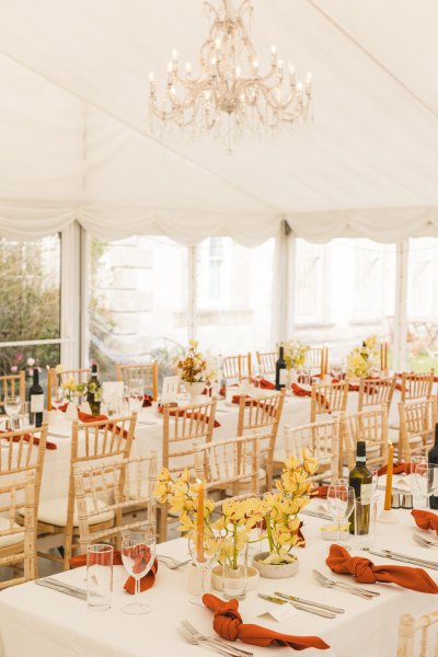 wide shot of interior dining room ballroom table setting