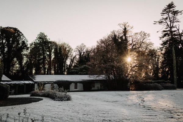 snowy frosty grass setting trees forest wedding venue