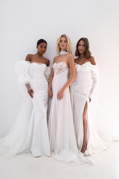 RIME ARODAKY Astral bridal white gown gold string slim fitting dress off the shoulder slit