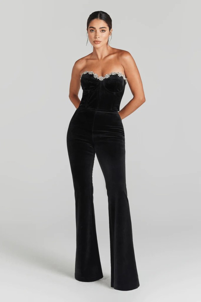 Model wears Mob Wife-inspired Nadine Merabi velvet co-ord