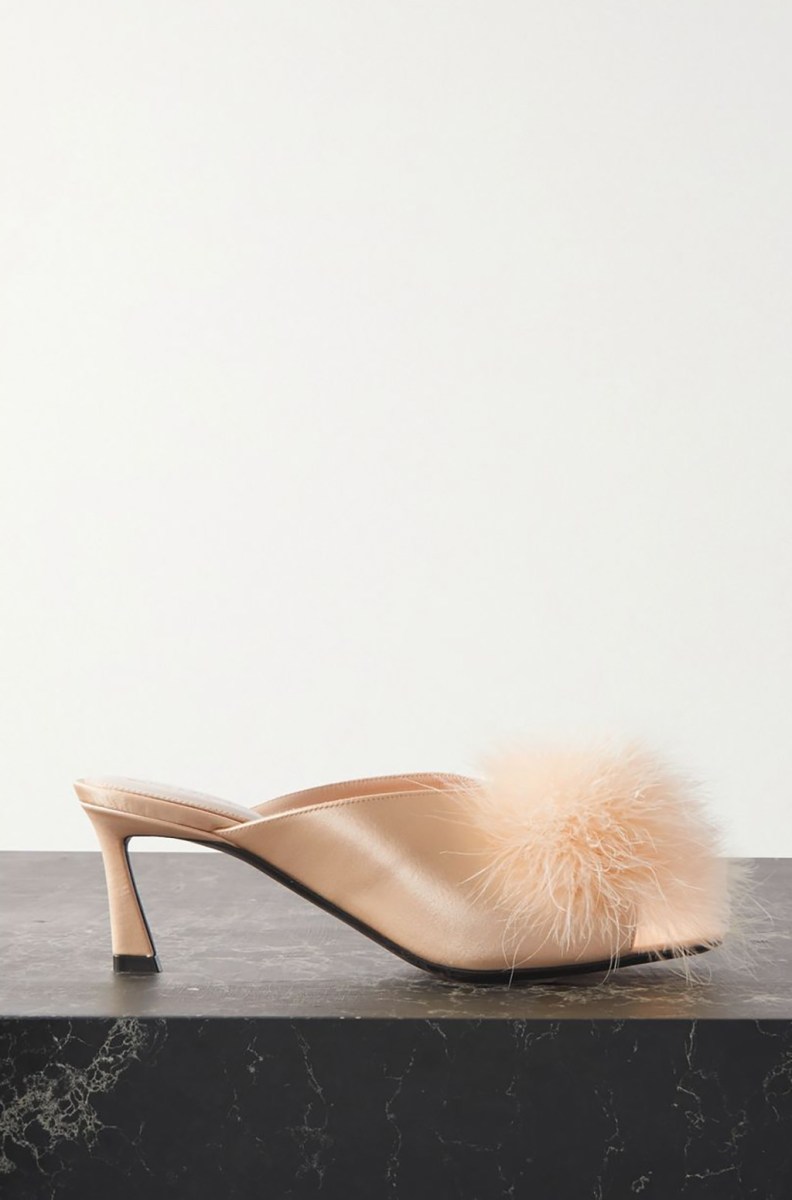 Satin Laurent feather-trim silk satin mules