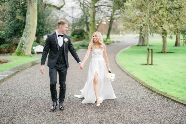 Bride and groom outside during their Ballymagarvey Village wedding